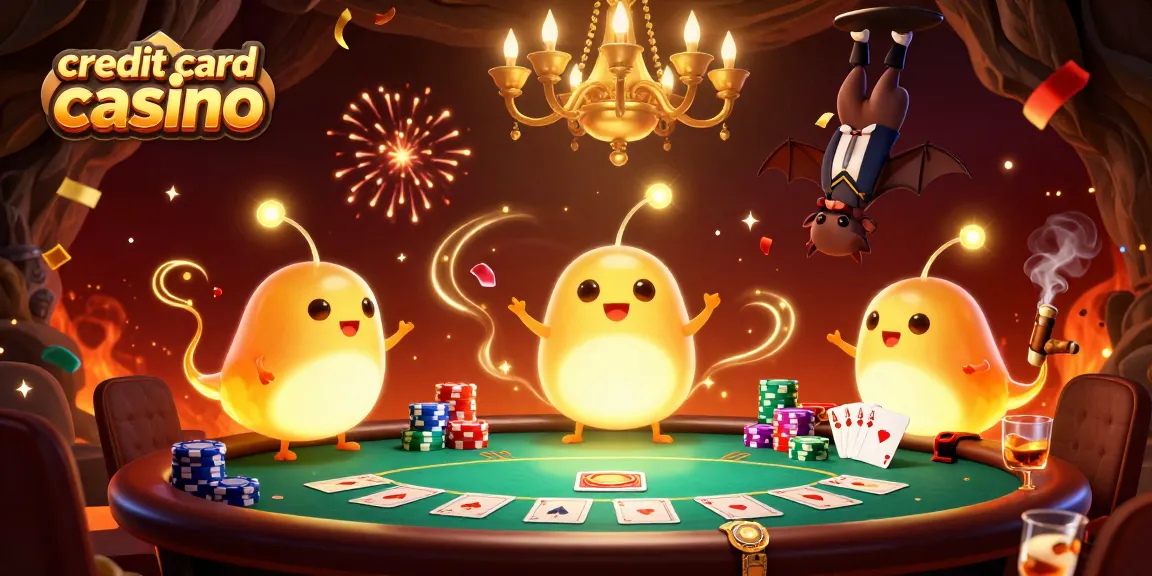 Glowworms illuminate a vibrant credit card casino with dynamic poker action and festive atmosphere.