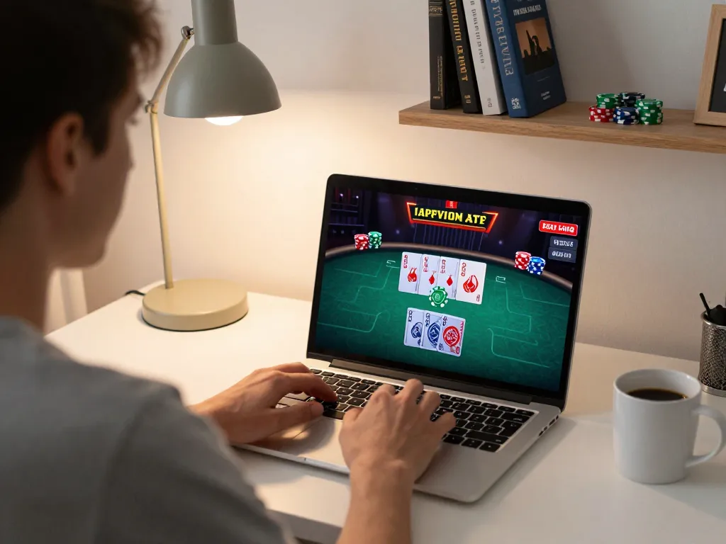 Engaged player at online poker table on lucky88 casino, showcasing live dealer action and strategy.