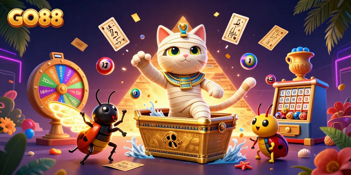 Enjoy a thrilling GO88 gaming experience as the mummy cat bursts into action with exciting elements.