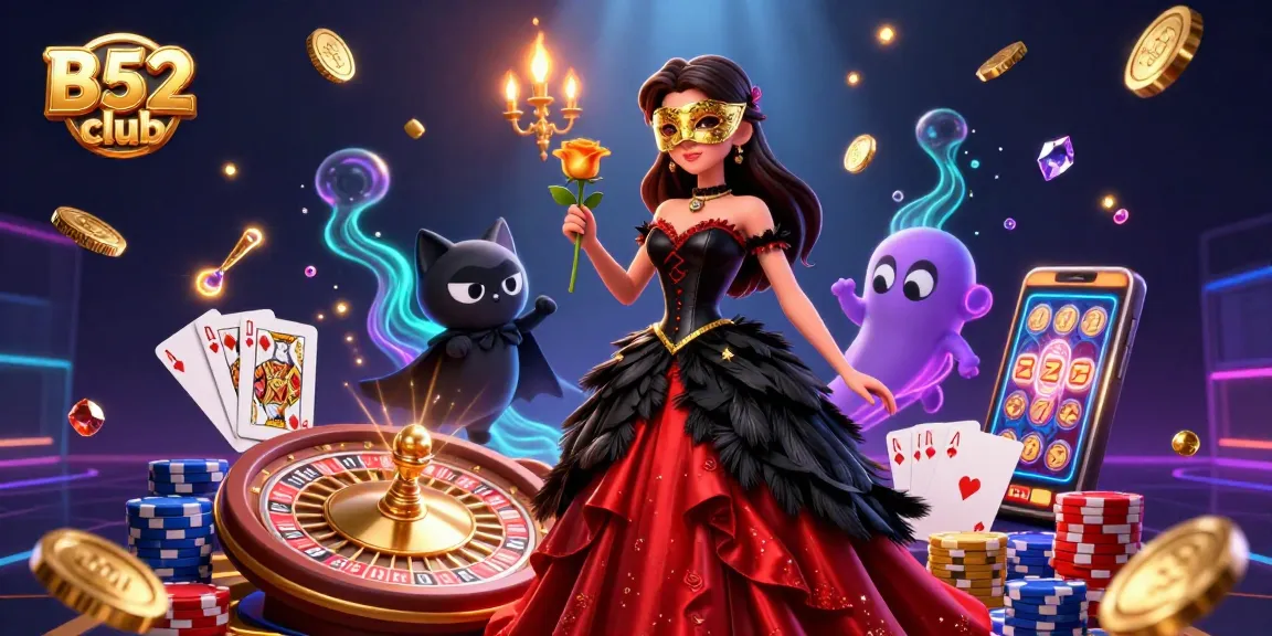 Win big with B52 club in a vibrant casino scene featuring floating coins and dramatic lighting.
