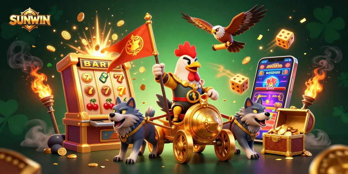SUNWIN presents a dynamic online gaming atmosphere with a jackpot explosion and classic casino symbols.