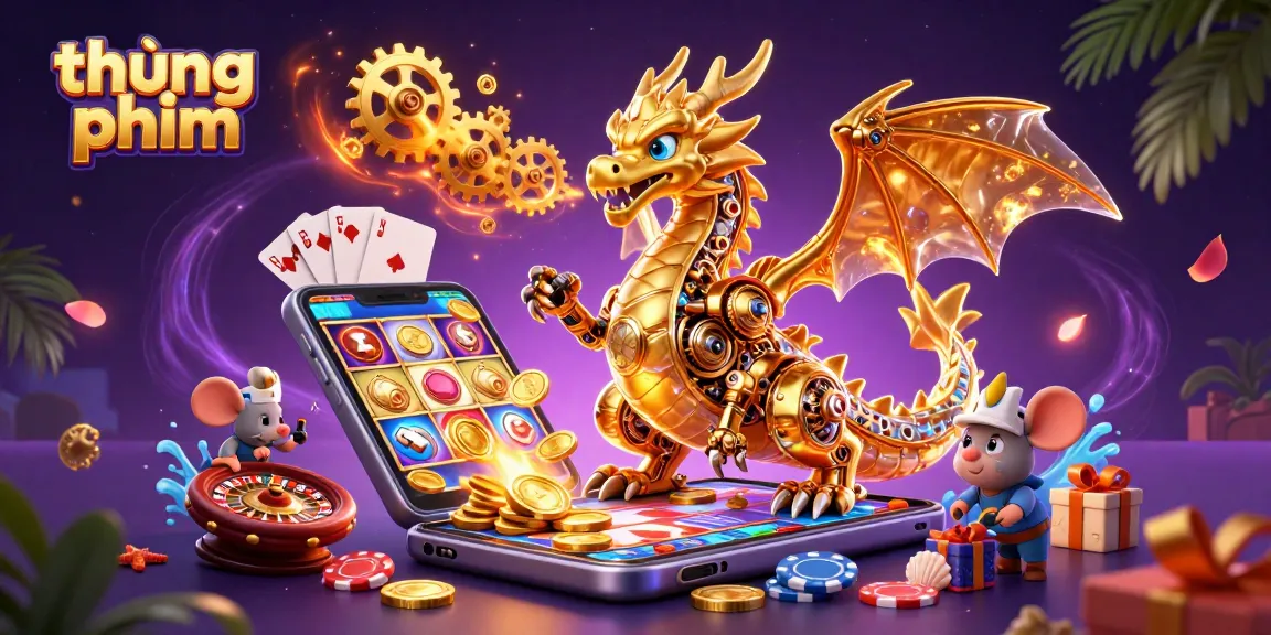 Engage with thrilling thúng phim as golden coins erupt from a vibrant slot game smartphone, enriched with casino elements.