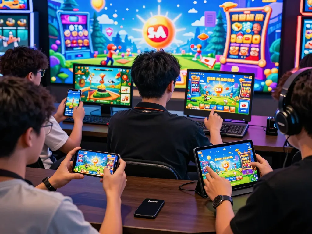 Players downloading the Sunwin app on various devices in an engaging online gaming atmosphere.