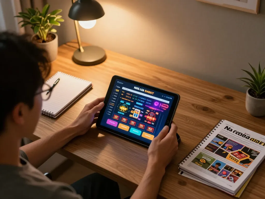 Gambling strategy session using Nhà cái SHBET's online casino platform on tablet in cozy home setting.