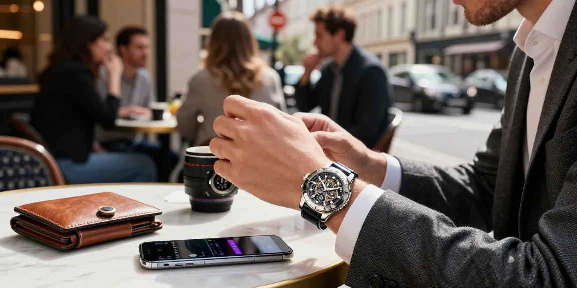 Luxury enthusiast examining super clone watches in a vibrant cafe, showcasing elegance and sophistication.