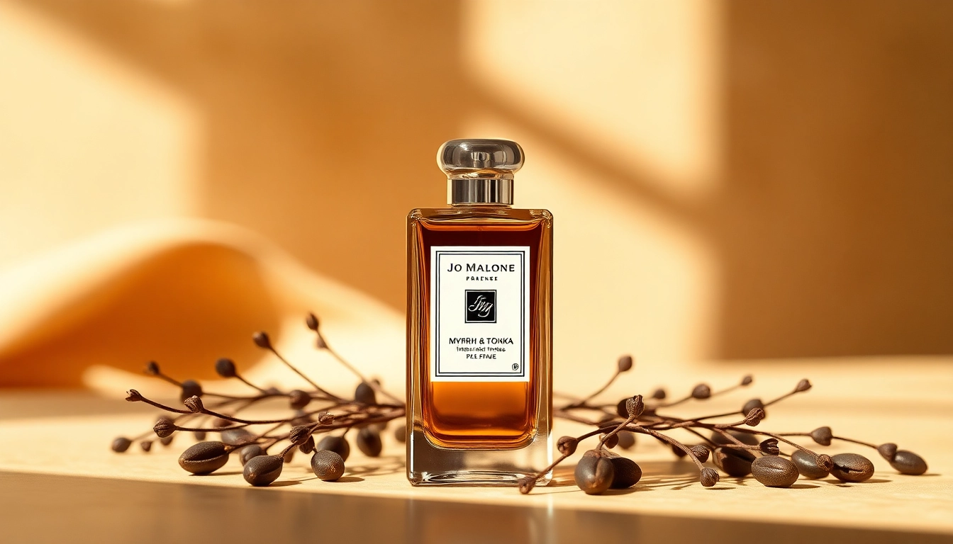 Experience Jo Malone Myrrh & Tonka Intense with a luxurious perfume bottle surrounded by tonka beans and myrrh resin.