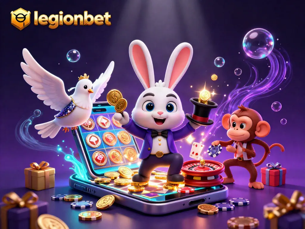 Engage with the thrilling world of legionbet featuring a magician pulling coins, a dove, and a monkey with casino elements.