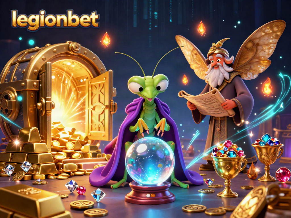 Experience the magic of legionbet with vibrant 3D characters exploring mystical wealth and lucky symbols.