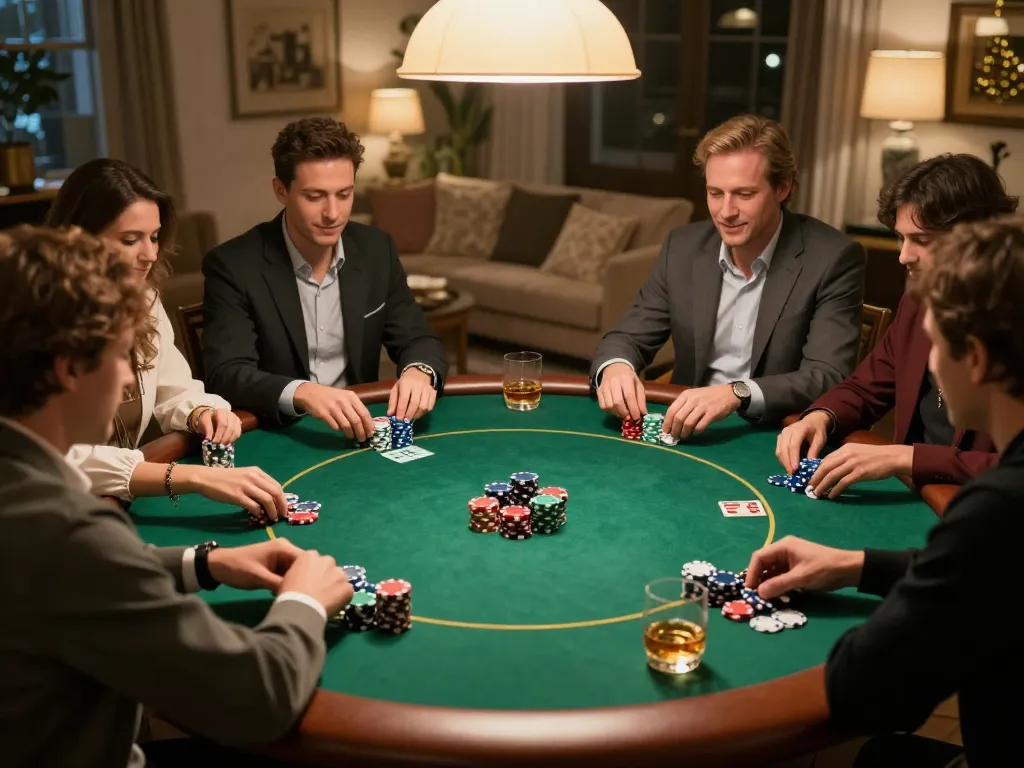 Friends enjoying a dynamic poker game at home, showcasing strategies in an aa888-themed night.