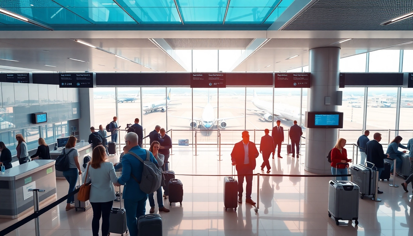 Travelers at London City airport engaging with staff in a modern terminal environment.