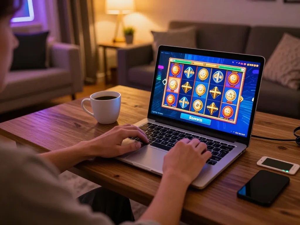 Engaging with Bomwin online slot games during a cozy home gaming session