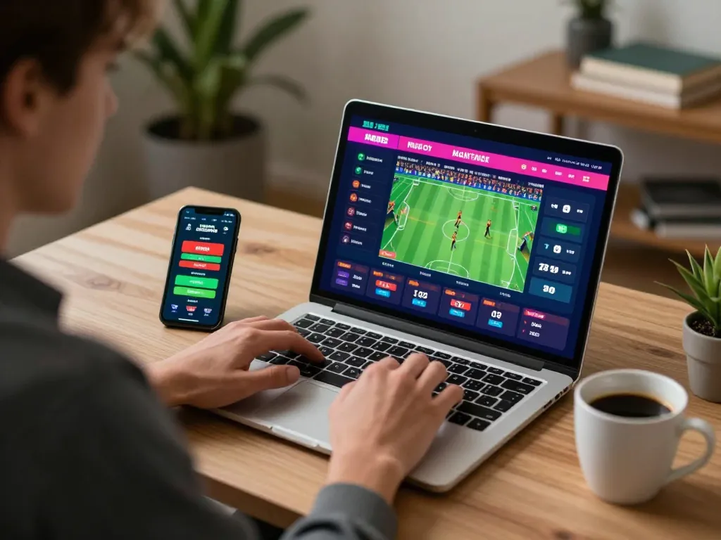 Player engaging in cm88seo online sports betting, showcasing strategic gameplay at home.