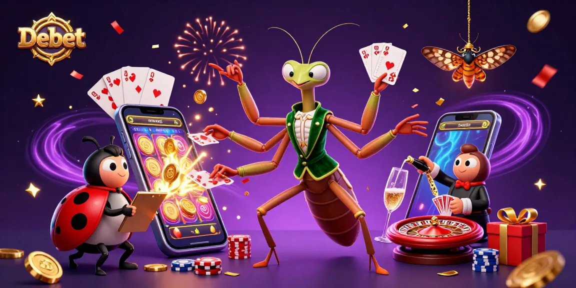 Experience the excitement of Debet with a colorful 3D casino illustration showcasing gaming elements and vibrant characters.