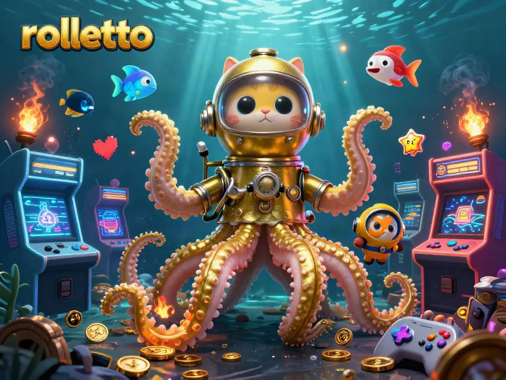 Experience the excitement at Rolletto, where a colossal kraken and a diving cat create a thrilling gaming scene.