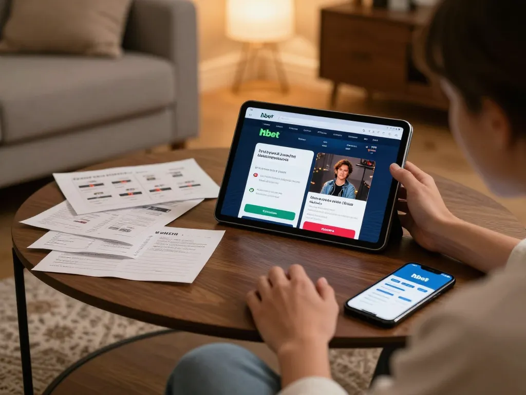 Engaging with hbet app on tablet while tracking betting strategy notes in a cozy living room