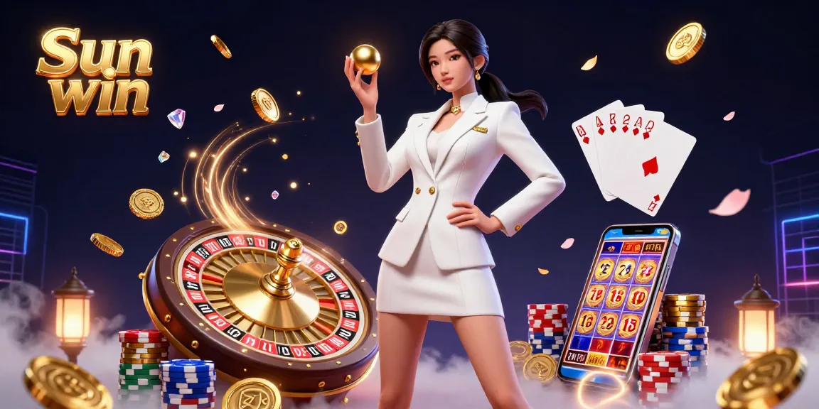 Win big at Sun win with an elegant Asian woman presenting casino games and gold elements.