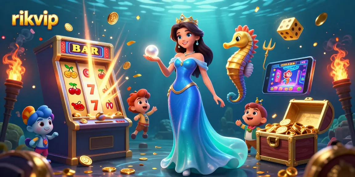 Experience exciting wins at rikvip with a stunning underwater-themed casino scene, showcasing vibrant games and treasure.