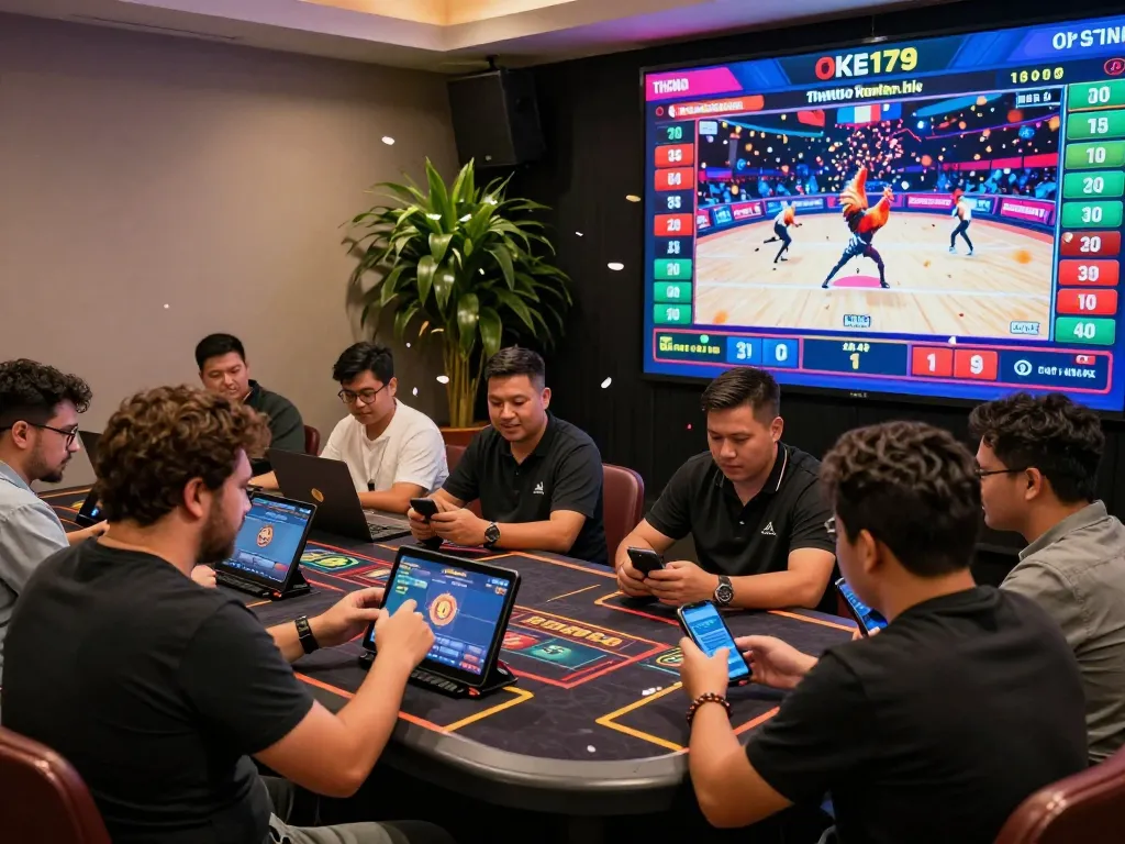 Exciting online gaming experience at OKE179 showcasing live rooster fighting, diverse players engaging on mobile devices with vibrant digital displays.