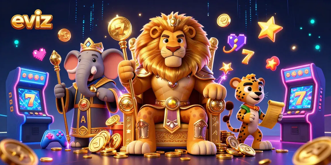eviz showcases a vibrant 3D scene with a fierce lion king and gaming elements, perfect for casino enthusiasts.