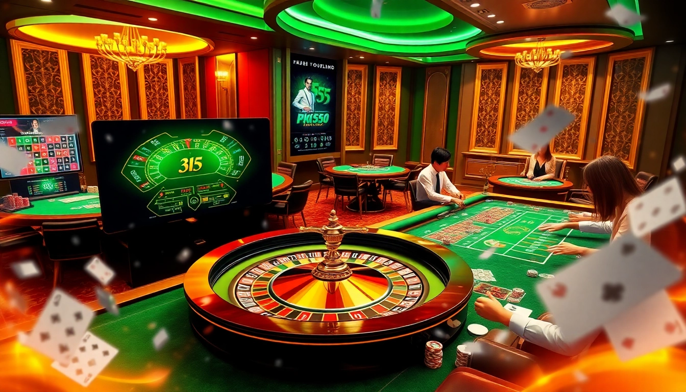 A vibrant casino scene showcasing kk55.com, featuring roulette, poker chips, and lively gameplay.