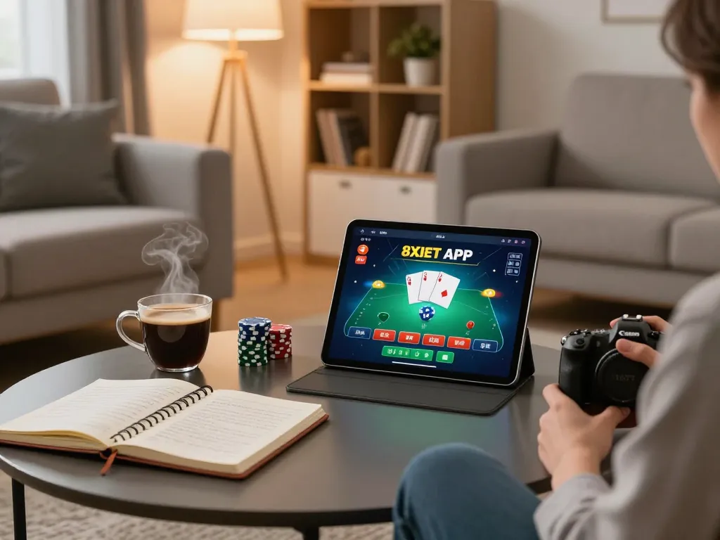 The user enjoys gaming on the 8XBET APP in a cozy home setting, combining online betting with a strategic mindset.