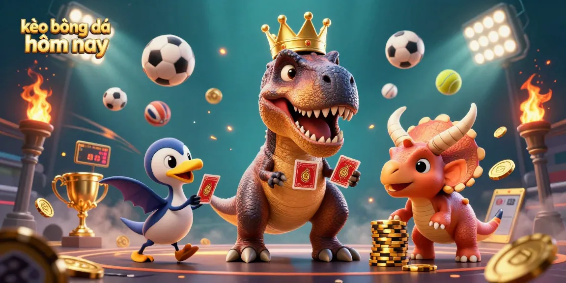 Engage in thrilling kèo bóng đá hôm nay with entertaining cartoon dinosaurs shuffling cards and stacking chips.