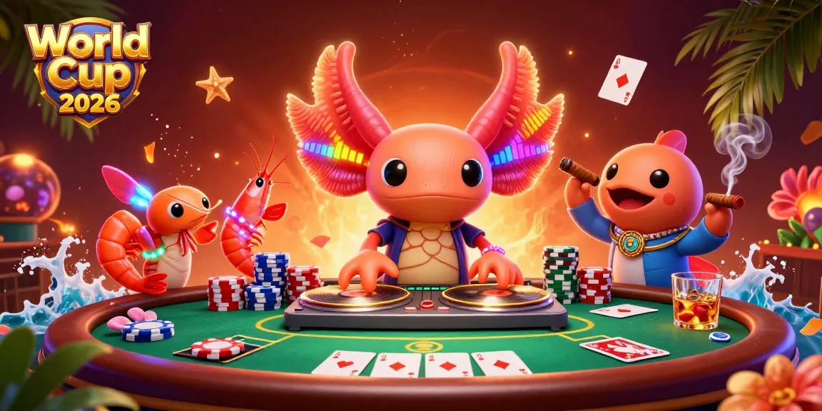 Engage with World Cup 2026 through vibrant casino-themed illustration featuring axolotl DJ, poker elements, and tropical decor.
