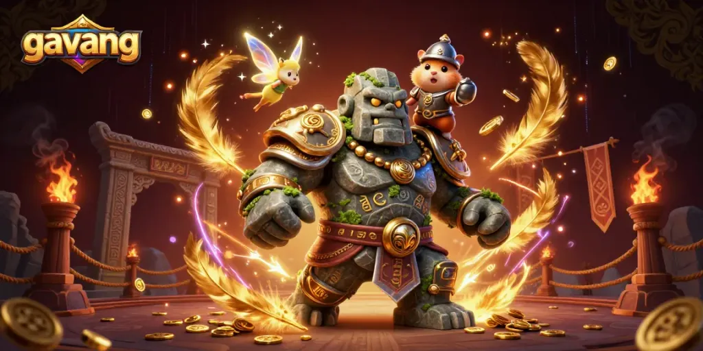 Experience thrilling bets with gavang, featuring a dynamic golem guardian and fairy magic in a vibrant casino scene.
