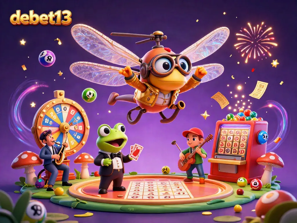 Experience the thrill with debet13 at a vibrant lily pad casino featuring a dragonfly pilot and frog croupier.