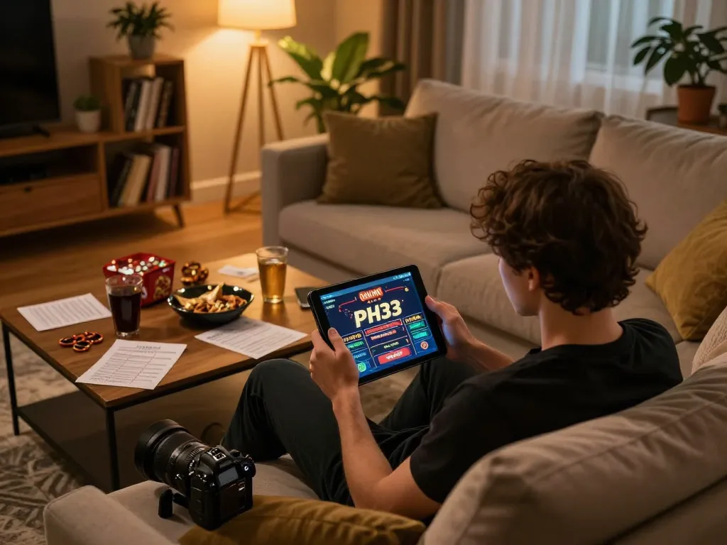 Engaging player enjoying slots at PH33 online casino on tablet in a cozy home setting.
