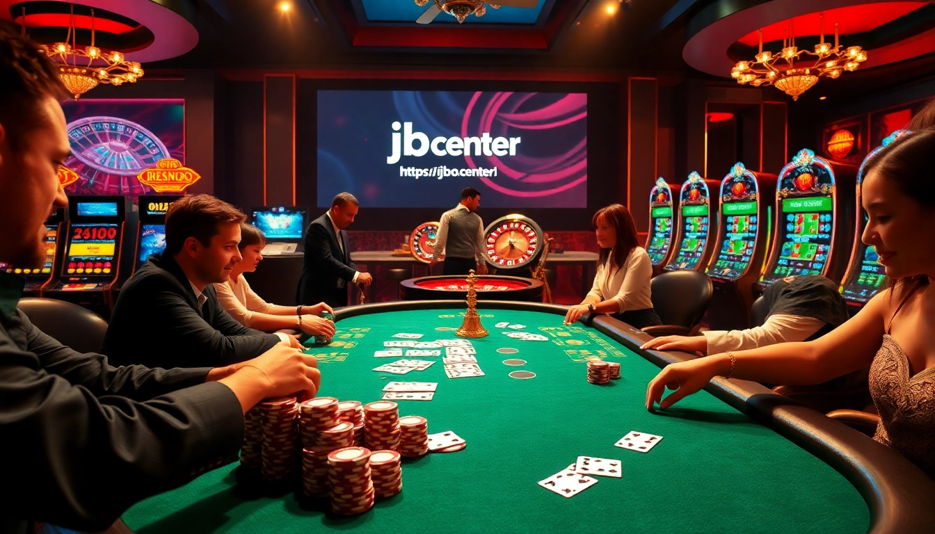 Experience high-stakes gambling at https://jbo.center/, where players engage intensely at the poker table surrounded by vibrant casino elements.