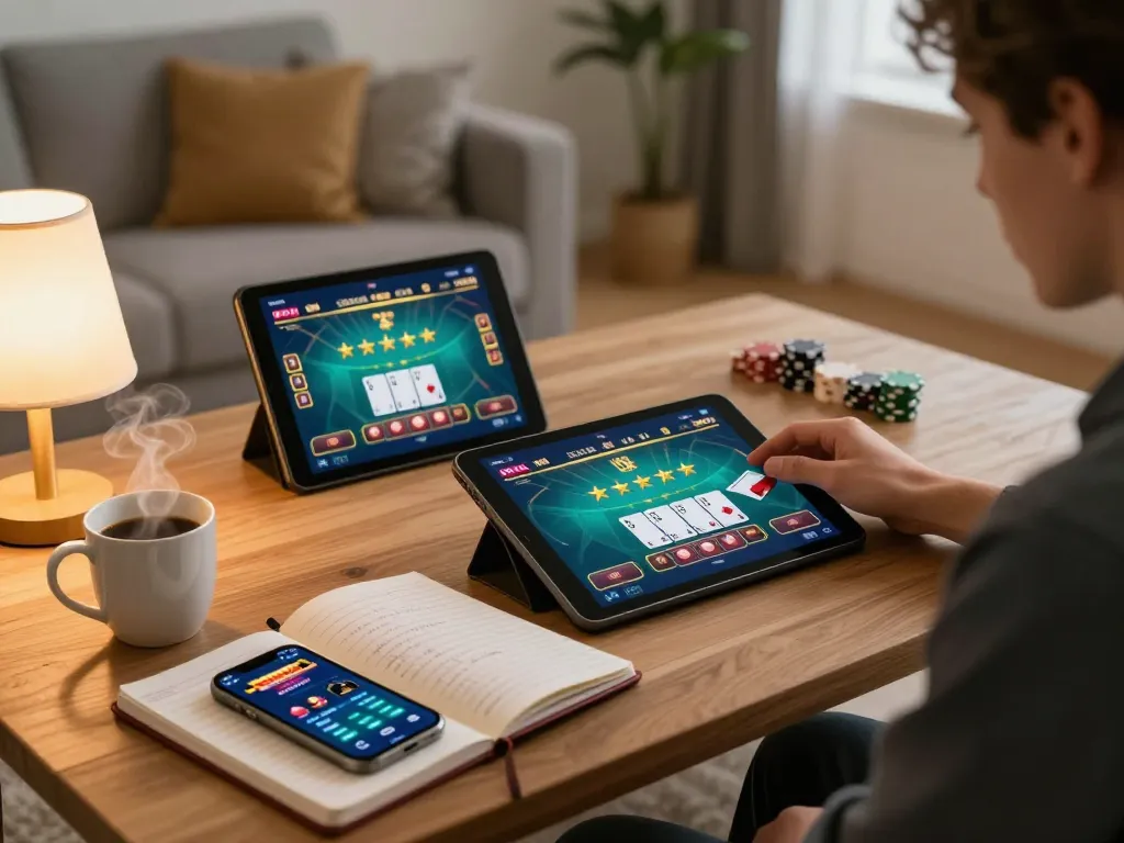 Engaged player enjoying online gaming at Nhà cái SHBET with strategic notes and cozy atmosphere.