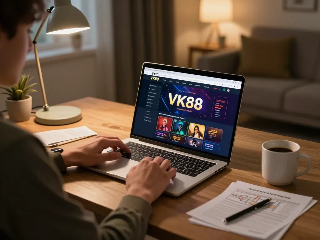 Player enjoying online gaming on VK88 in a cozy home setup with warm lighting and strategy notes.