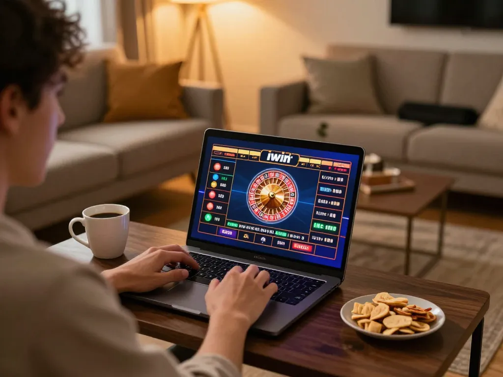 iwin player enjoying an online roulette game in a cozy home setting while actively strategizing bets.