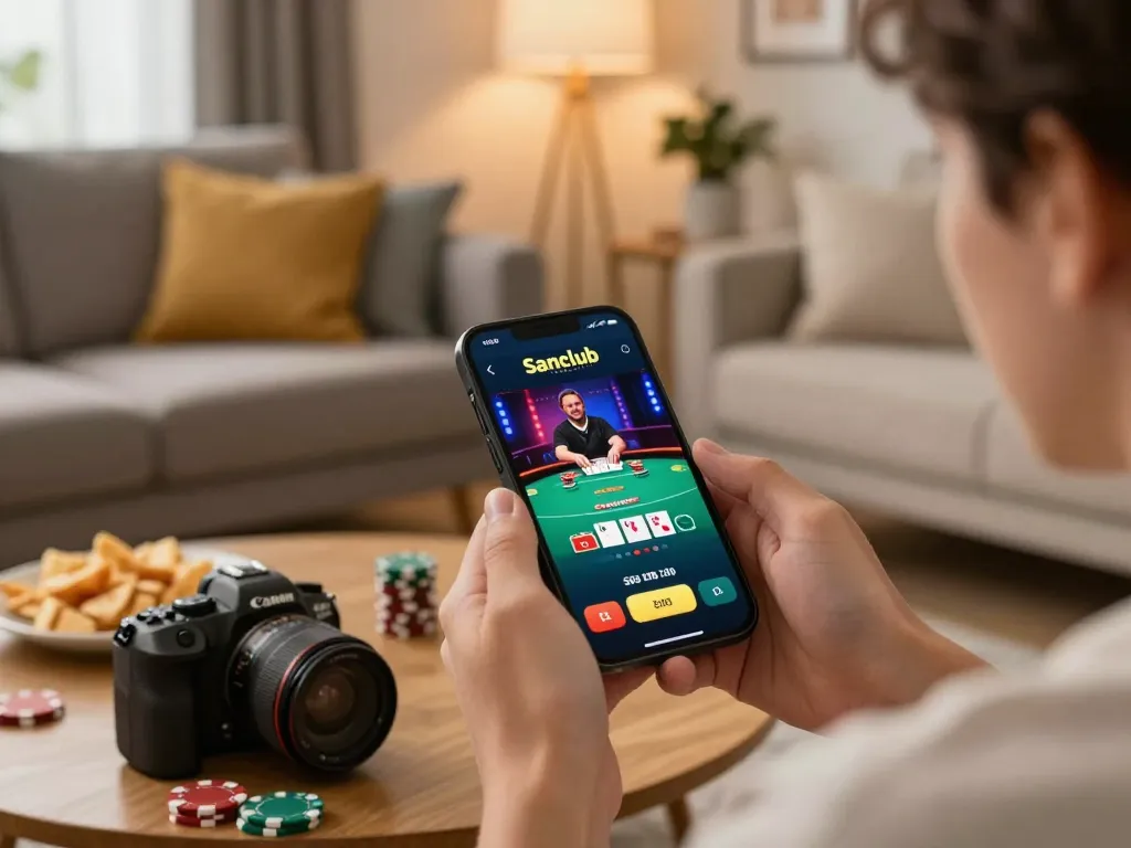 Player engaging with the Sanclub app while enjoying a cozy home gaming environment
