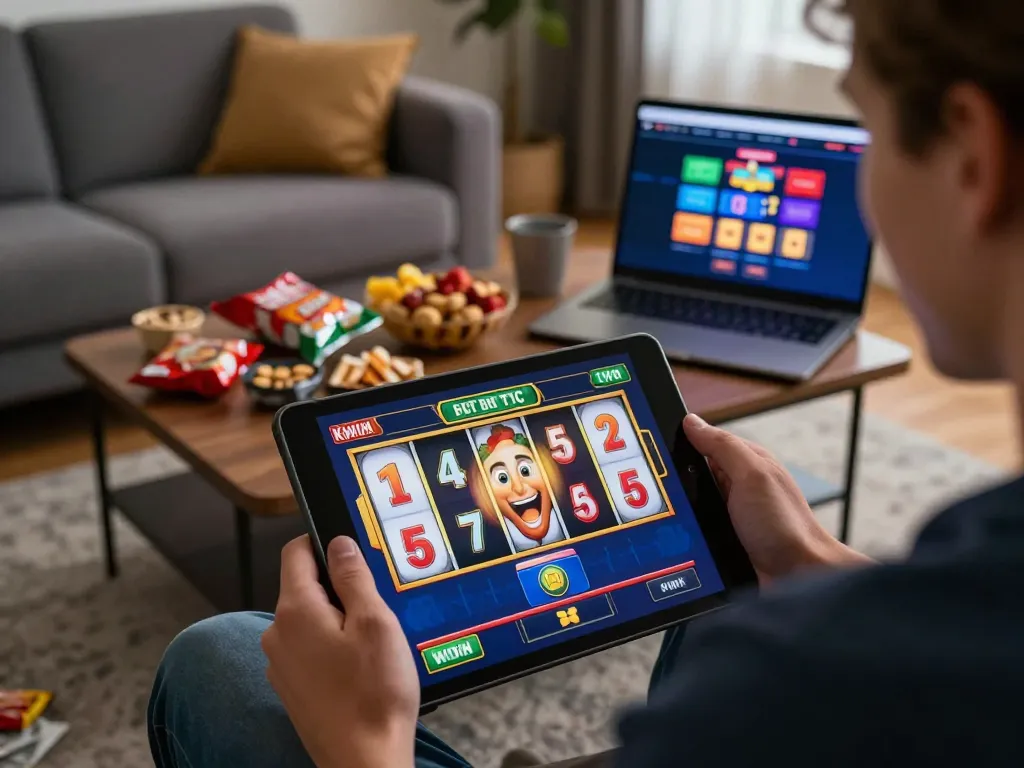 Engaging in KWIN online slot game on a tablet in cozy home setting, capturing excitement and responsible gaming.
