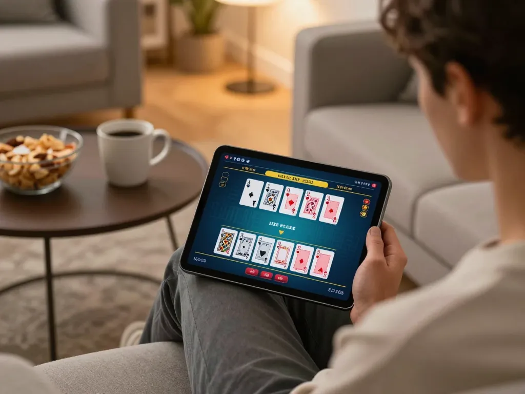 Engaging in live blackjack online at home using a tablet, showcasing interactive casino experience with hu-focused gameplay.