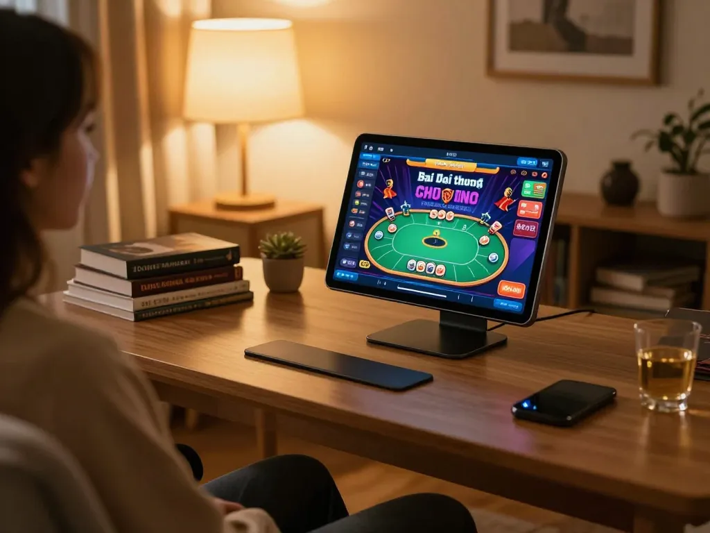 Engaging in game bai doi thuong on a tablet in a cozy home setting