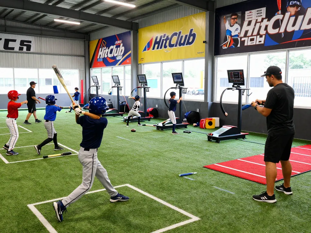 HitClub training session with young athletes practicing baseball inside a vibrant facility.
