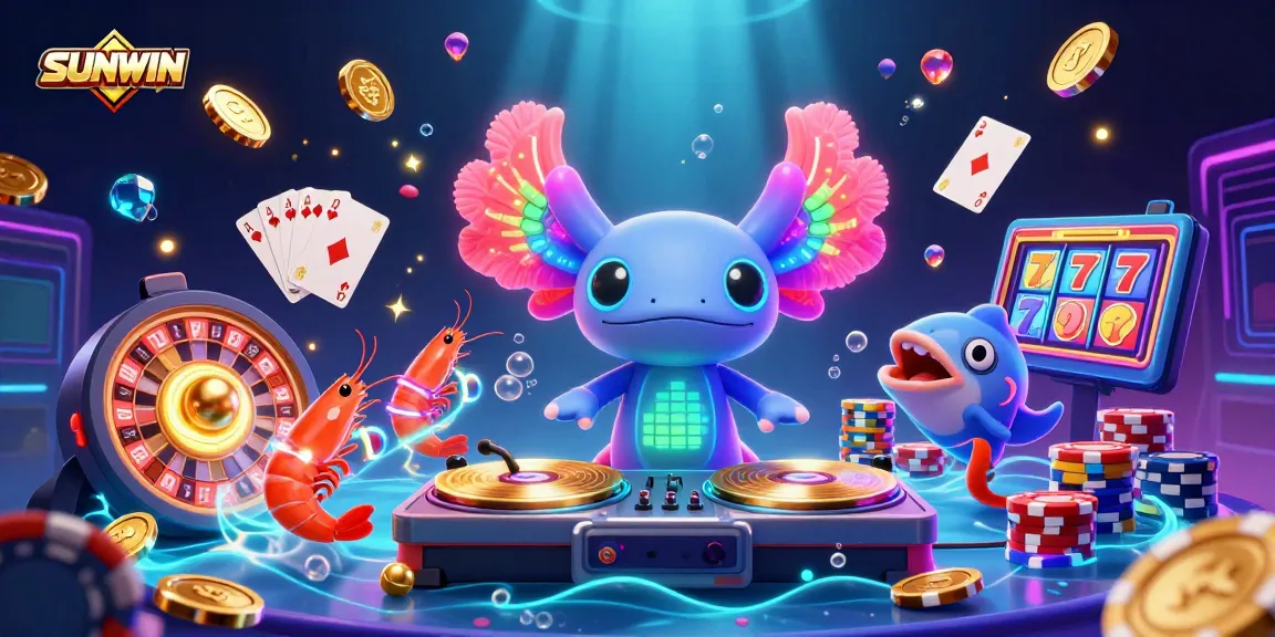 SUNWIN brings excitement to players with a vibrant underwater casino scene showcasing a DJ axolotl and lively characters.