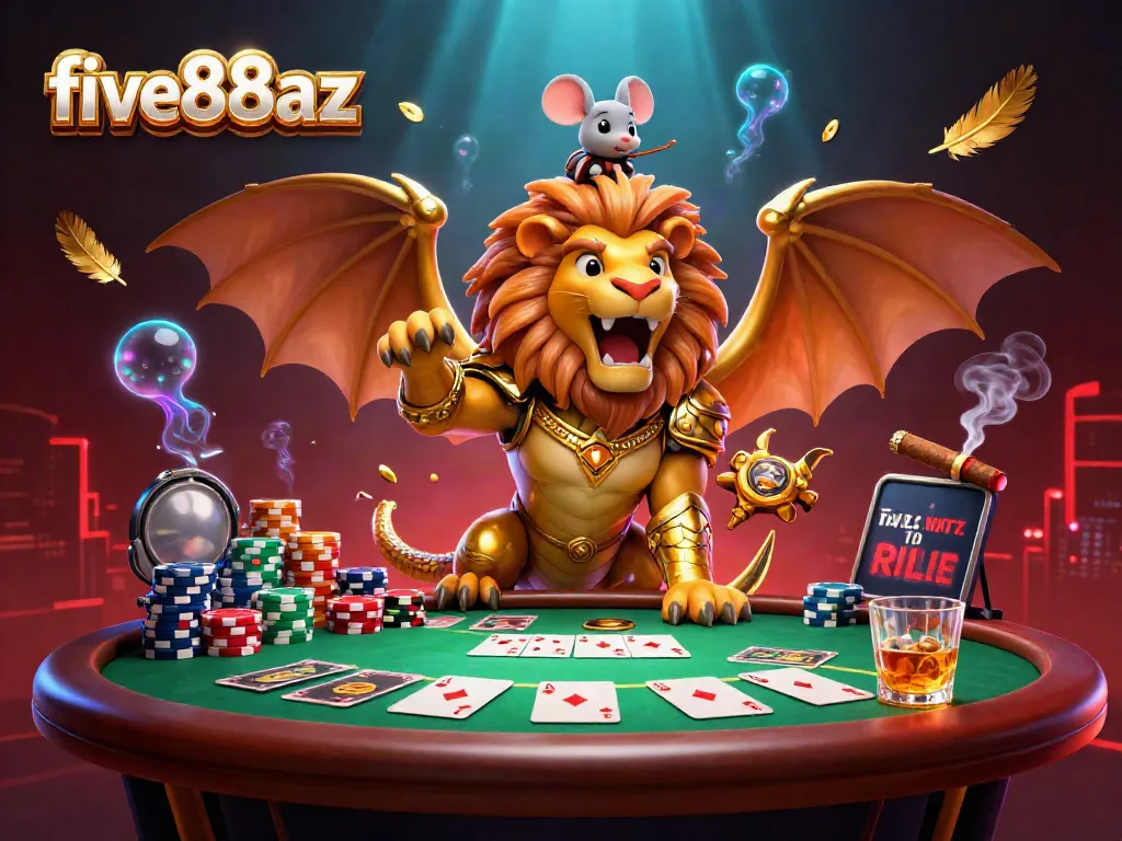 Join the lively action at five88az with a triumphant chimera and mouse jockey surrounded by poker elements.