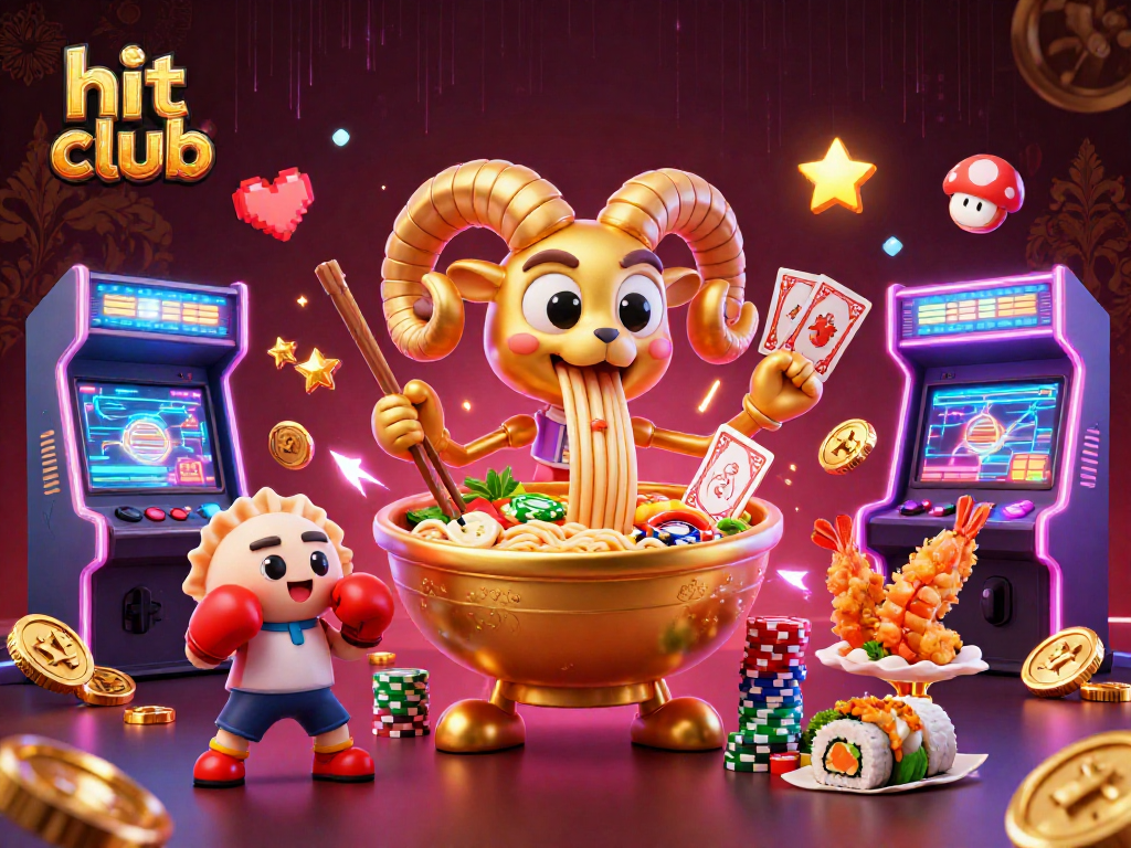 Engage with the vibrant hit club scene featuring a playful 3D ramen bowl dealer surrounded by energetic gaming elements.