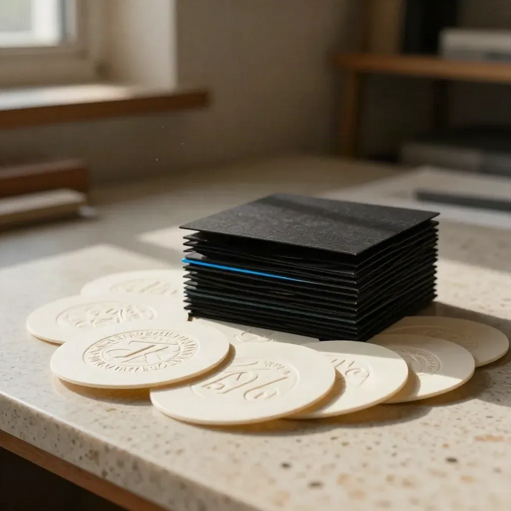 Embossed logo design samples with a black sleeve and blue accent on travertine.