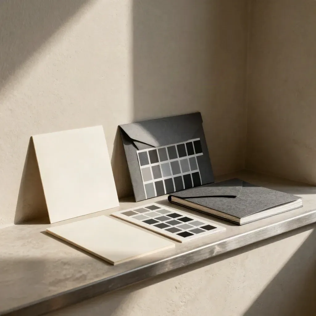 Brand strategy kit with cards, colour chips and a closed folder on a sunlit plaster ledge.