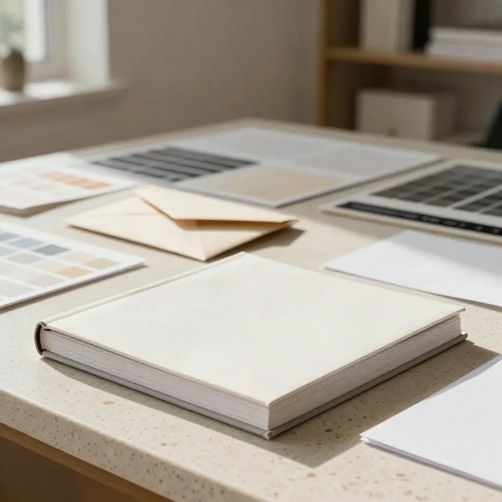 Brand identity materials on travertine in a sunlit design studio, book and paper samples