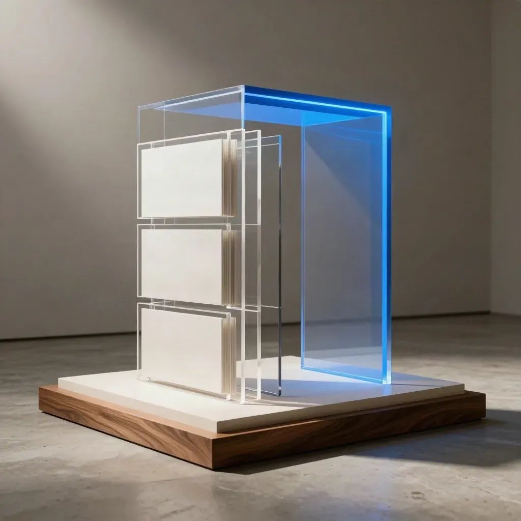 Translucent website-design blocks and a glowing blue portal on a pale platform