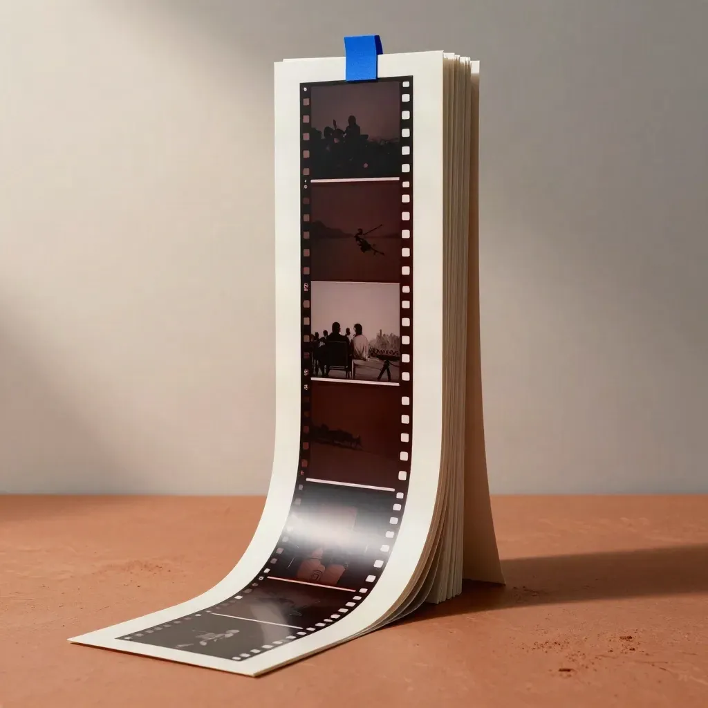 Tall campaign boards and motion strips rising from a terracotta floor in bright studio haze.