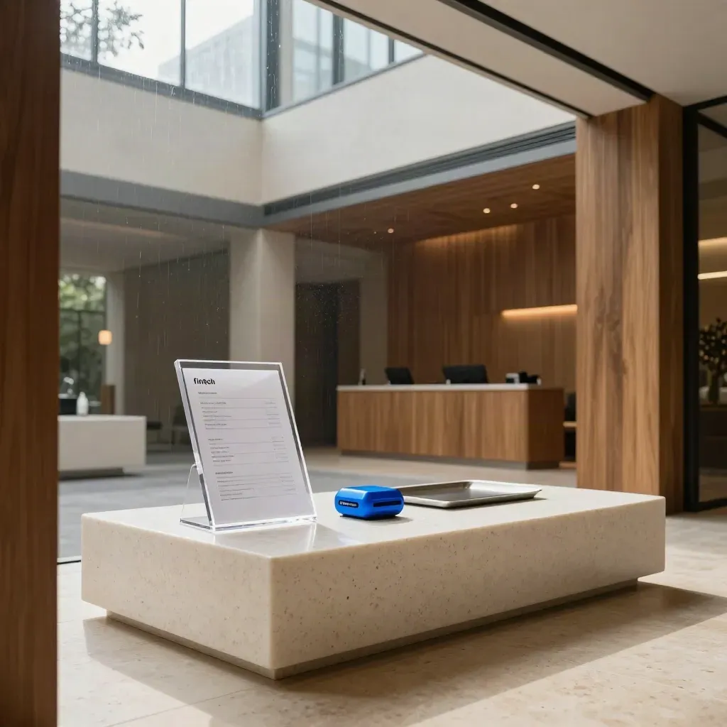 Low-angle fintech reception corner with white plinth, acrylic directory block, and electric-blue accent.