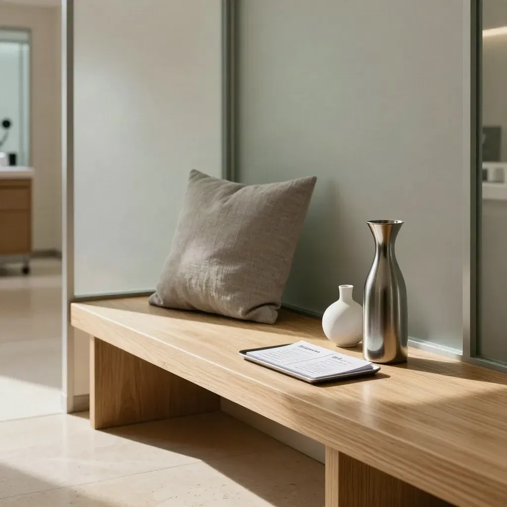Quiet clinic waiting nook with oak bench, frosted glass, linen seating, and appointment cards.