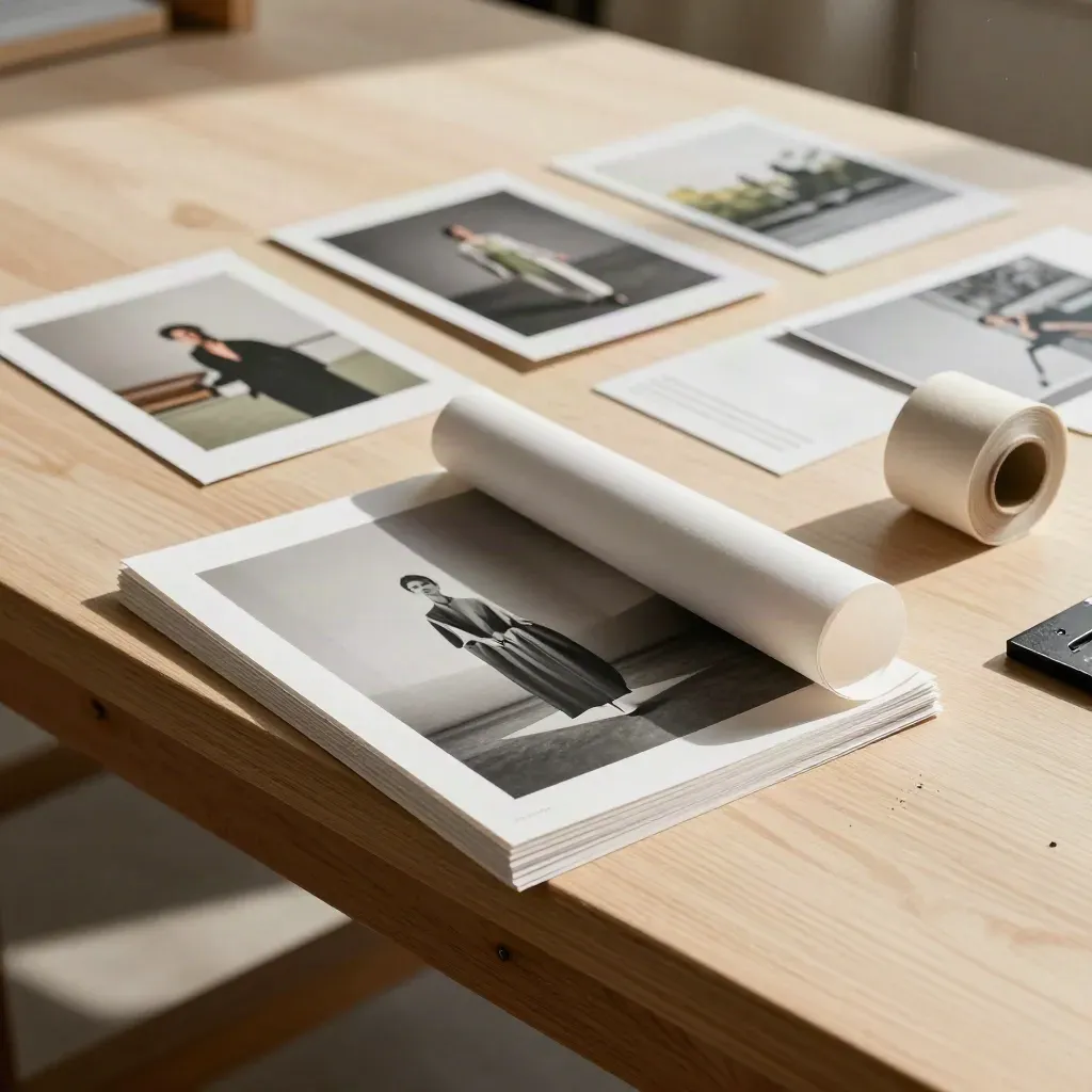 Folded editorial stills, face-down caption cards, and matte proof paper on a print studio bench.